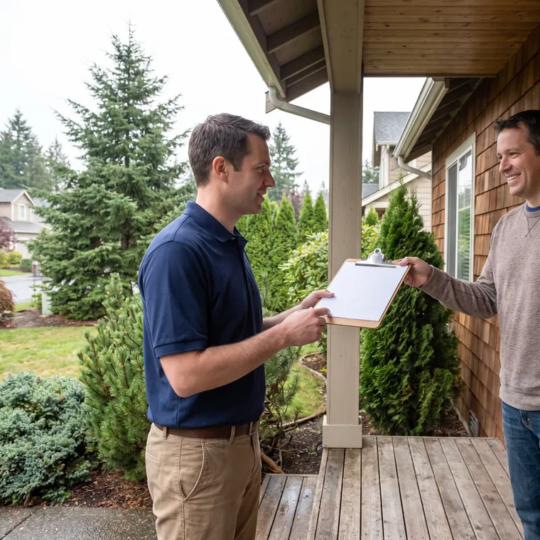 Estimator handing a written roof estimate to a homeowner